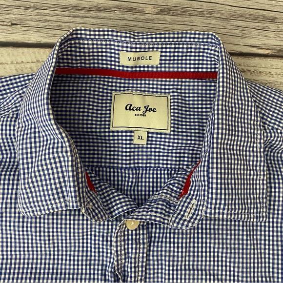 Aca Joe Mens XL Button Down Muscle Shirt Blue Gingham Long Sleeve. - Picture 2 of 6